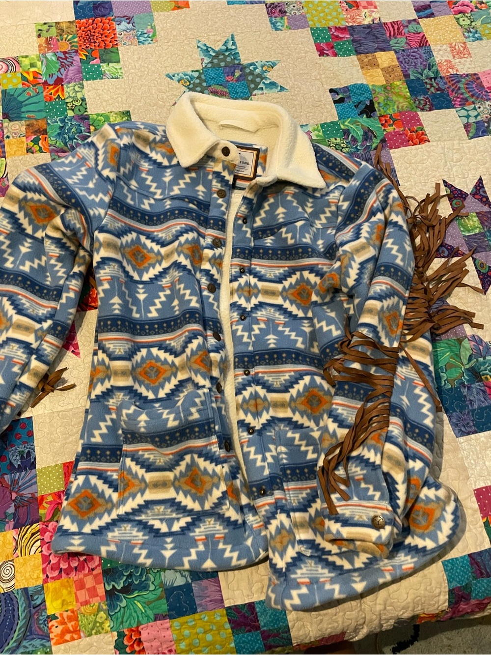 Aztec-Print Sherpa-Trim Yellowstone Jacket in Blue and Tan